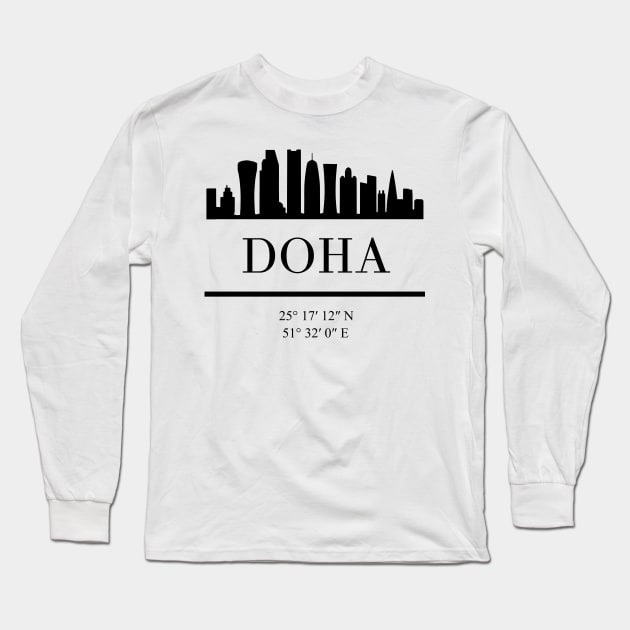 DOHA QATAR BLACK SILHOUETTE SKYLINE ART Long Sleeve T-Shirt by deificusArt